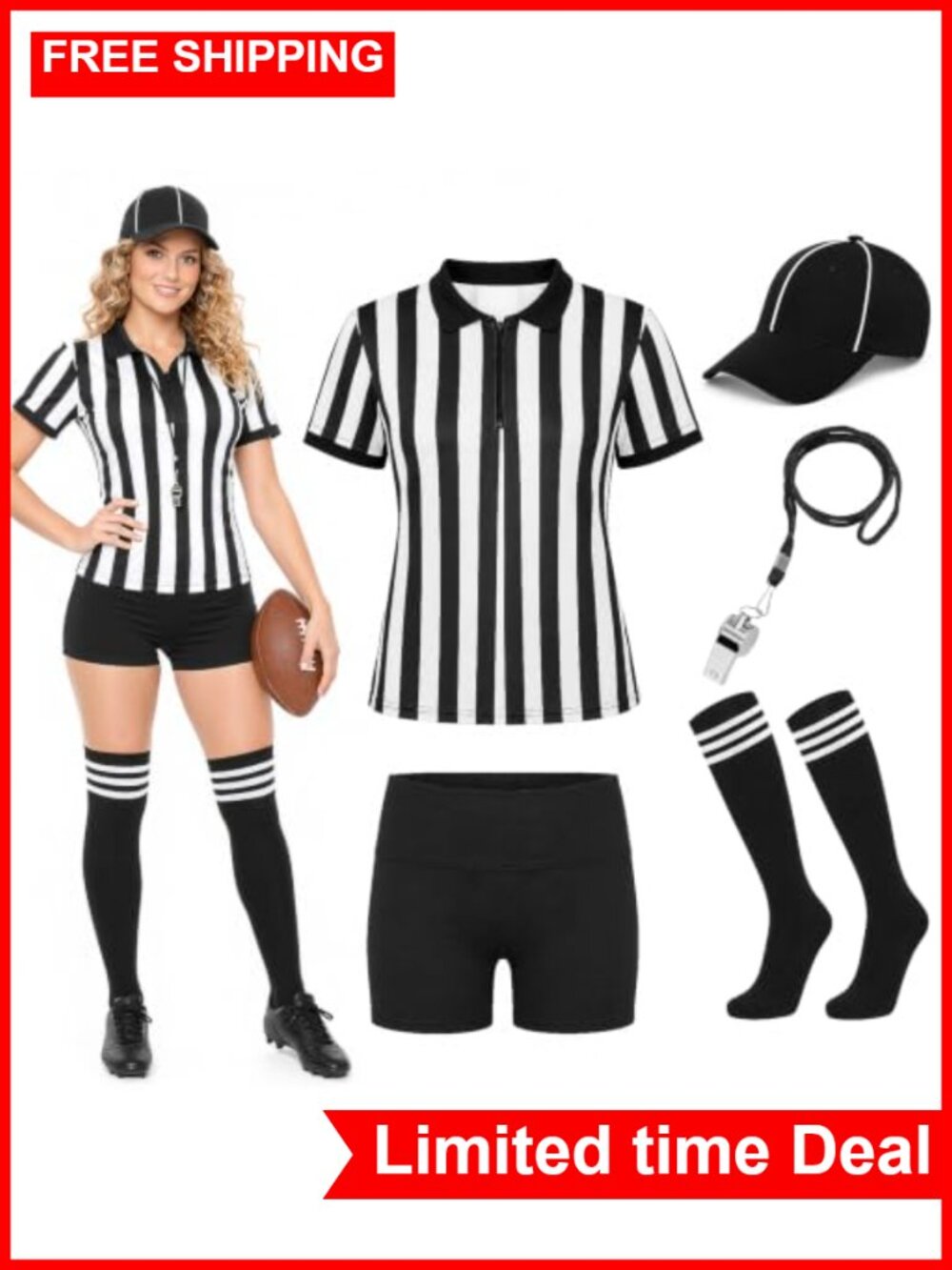Women Referee Costume Kit Striped Umpire Jersey Halloween Cosplay